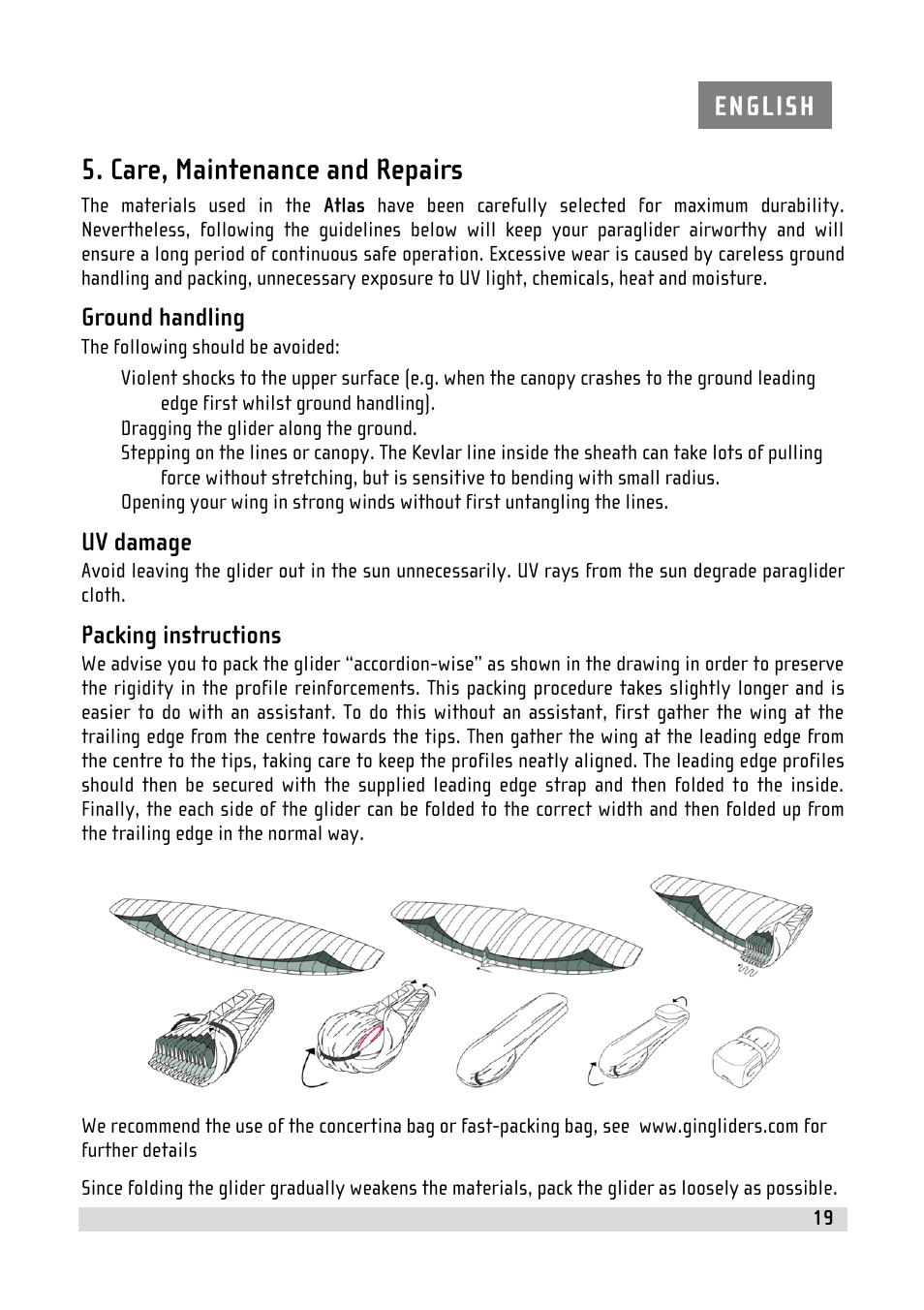 Care, maintenance and repairs, Ground handling, Uv damage | Packing instructions | GIN Atlas User Manual | Page 19 / 24