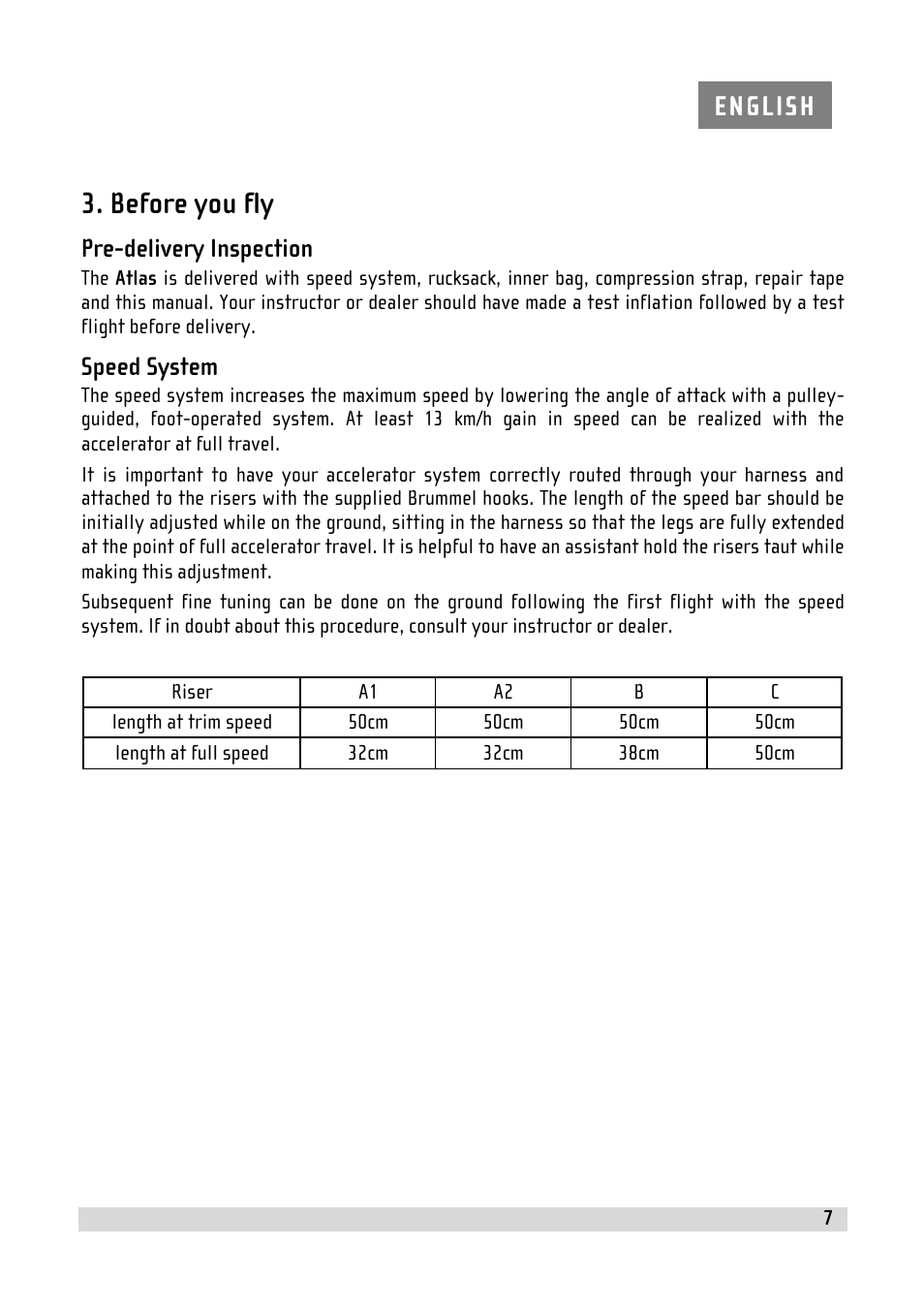 Before you fly, Pre-delivery inspection, Speed system | GIN Atlas User Manual | Page 7 / 24