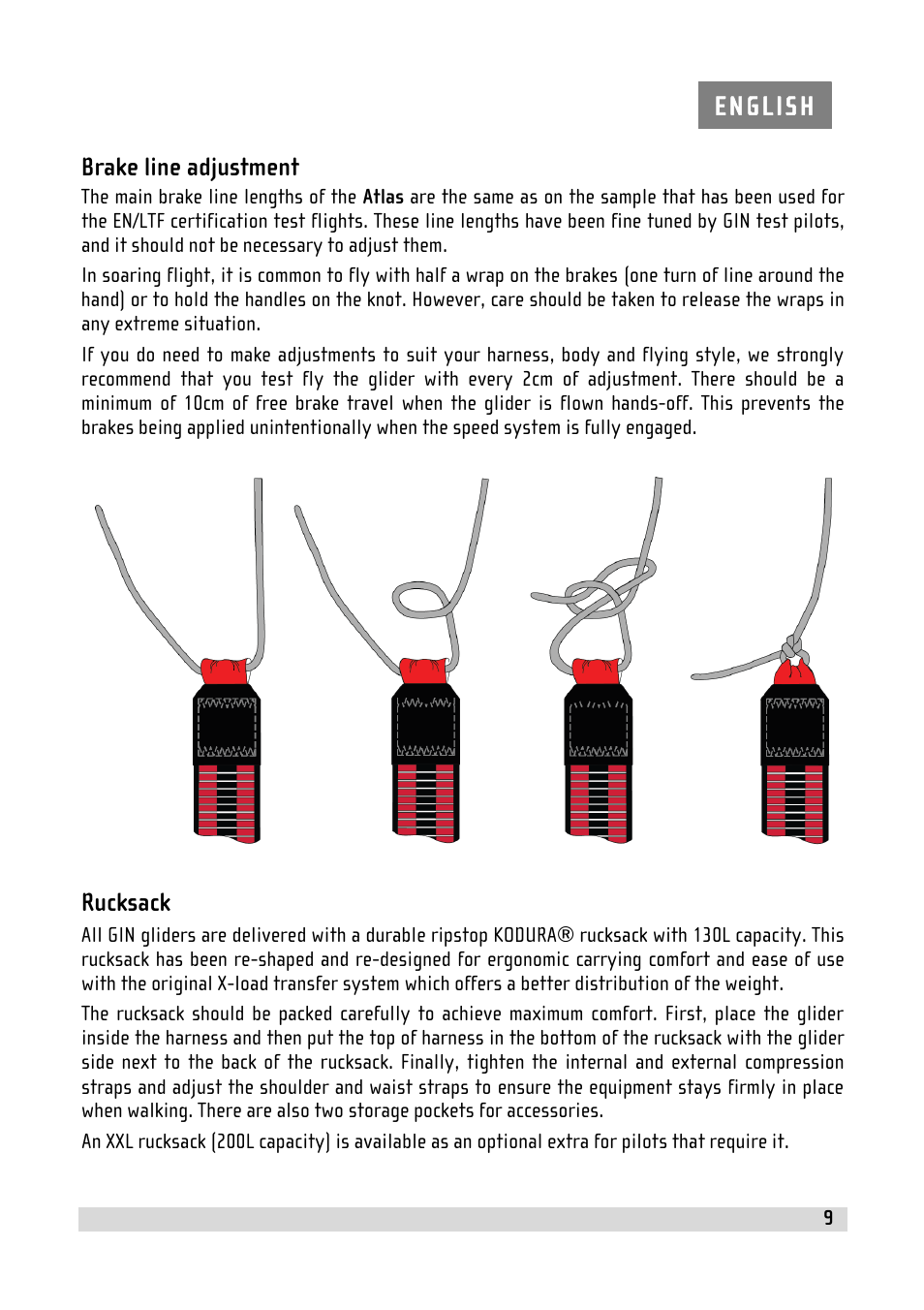 Brake line adjustment, Rucksack | GIN Atlas User Manual | Page 9 / 24