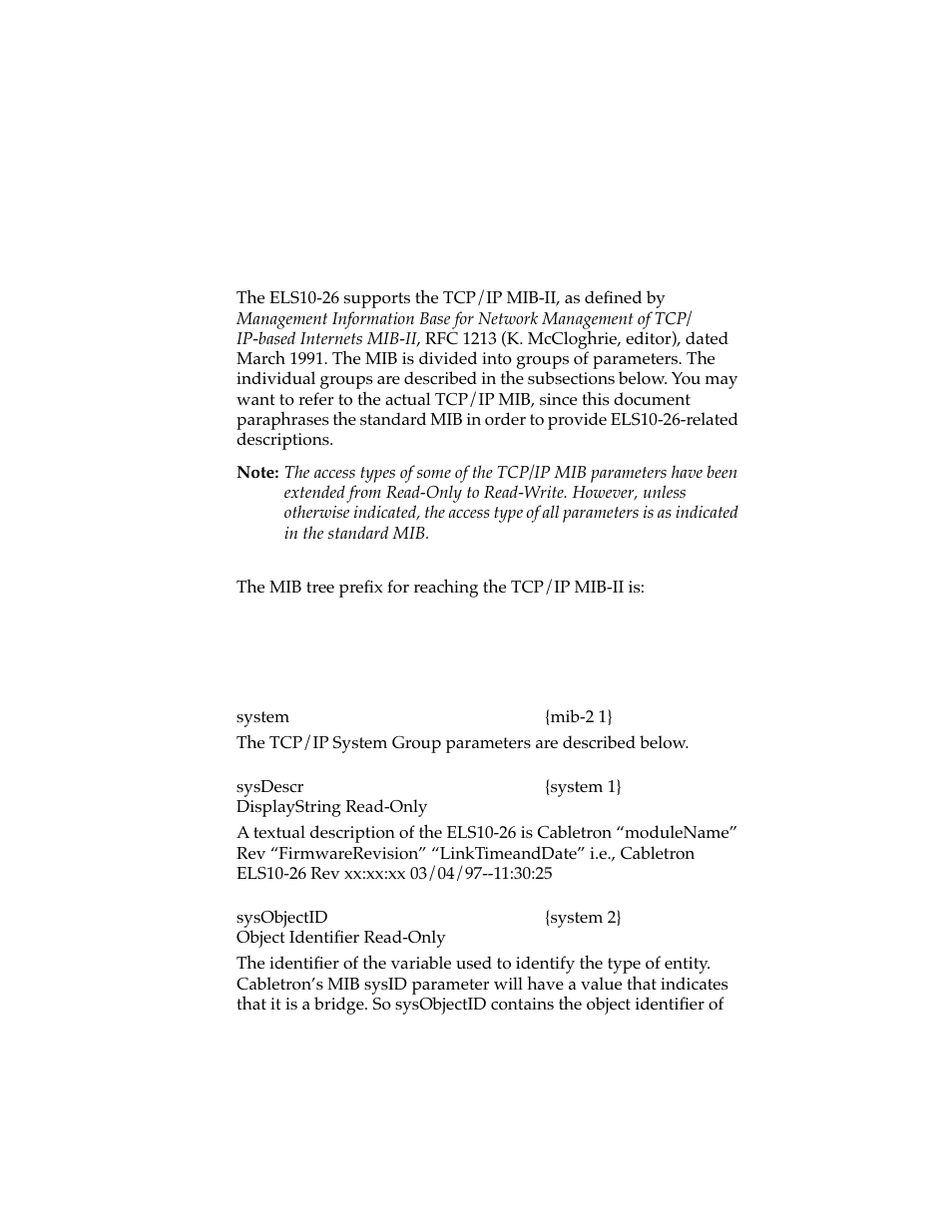 Tcp/ip mib-ii, 1 system group, Chapter 2 | System group -1, Chapter 2 tcp/ip mib-ii | Cabletron Systems ELS10-26 User Manual | Page 27 / 170