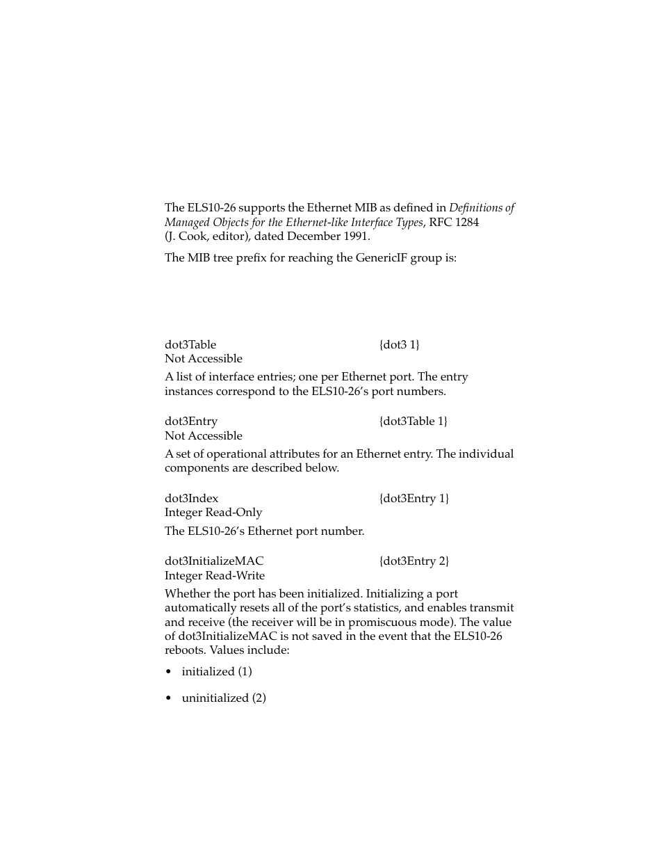 Ethernet mib, 1 generic ethernet-like group, Chapter 3 | Generic ethernet-like group -1, Chapter 3 ethernet mib | Cabletron Systems ELS10-26 User Manual | Page 81 / 170