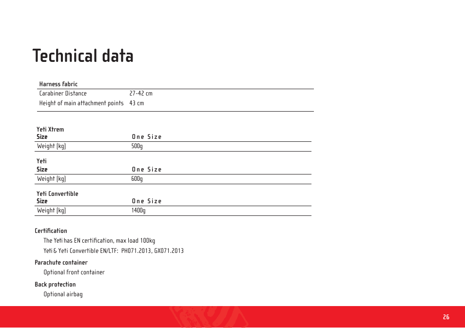 Yeti_harness_manual_en_26, Technical data | GIN Yeti xtrem User Manual | Page 26 / 29