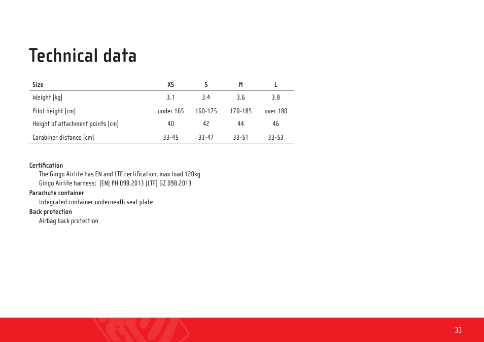Technical data | GIN Gingo Airlite User Manual | Page 33 / 36