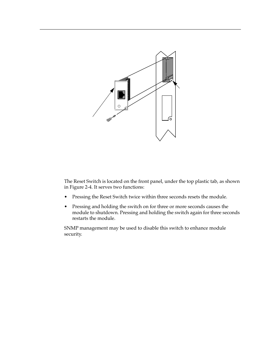 The reset switch | Cabletron Systems Expansion module 9E106-06 User Manual | Page 19 / 40
