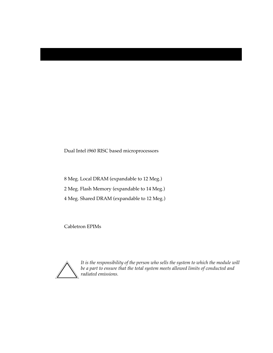 Specifications, Technical specifications, Memory | Network interfaces, Safety | Cabletron Systems Expansion module 9E106-06 User Manual | Page 33 / 40