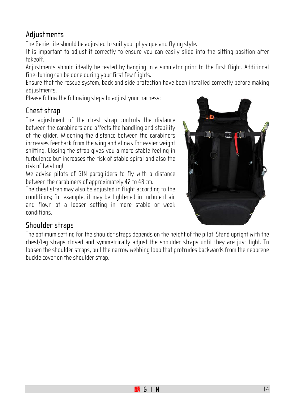 Adjustments, Chest strap, Shoulder straps | GIN Genie Lite User Manual | Page 14 / 23