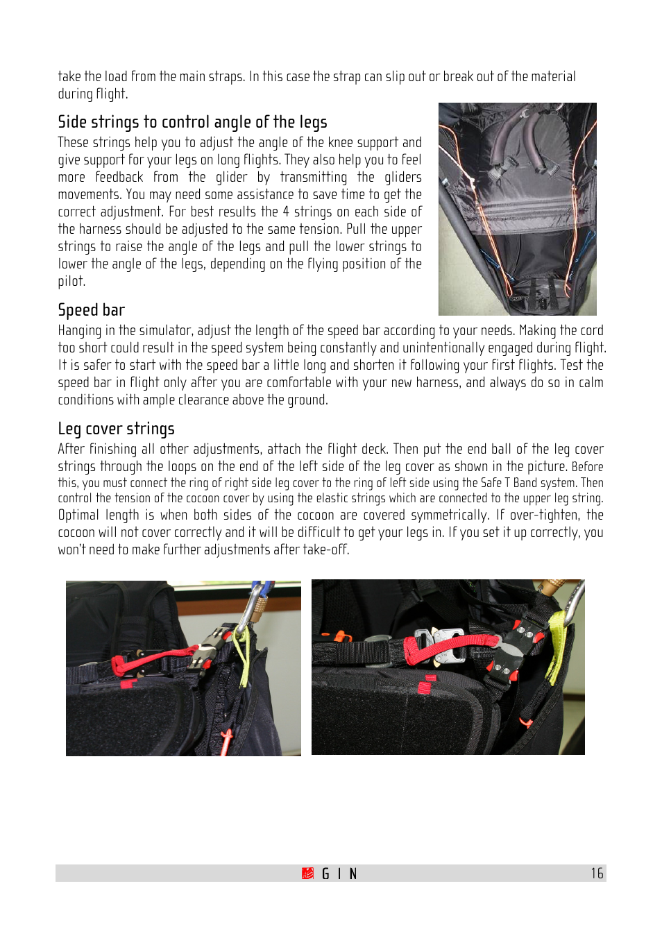 Side strings to control angle of the legs, Speed bar, Leg cover strings | GIN Genie Lite User Manual | Page 16 / 23