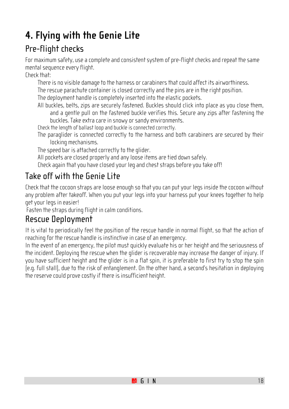 Flying with the genie lite, Pre-flight checks, Take off with the genie lite | Rescue deployment | GIN Genie Lite User Manual | Page 18 / 23