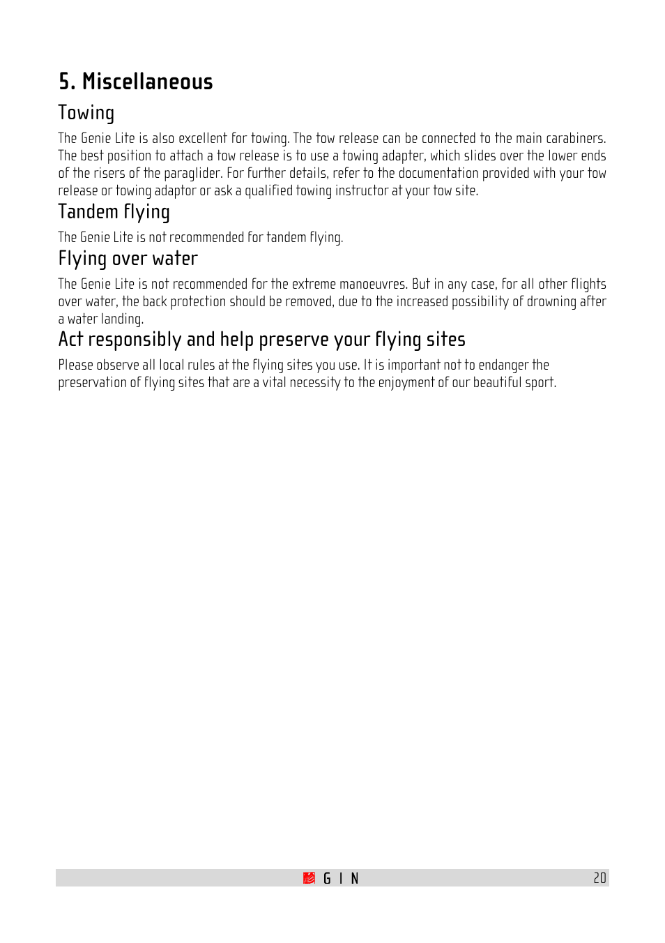 Miscellaneous, Towing, Tandem flying | Flying over water | GIN Genie Lite User Manual | Page 20 / 23