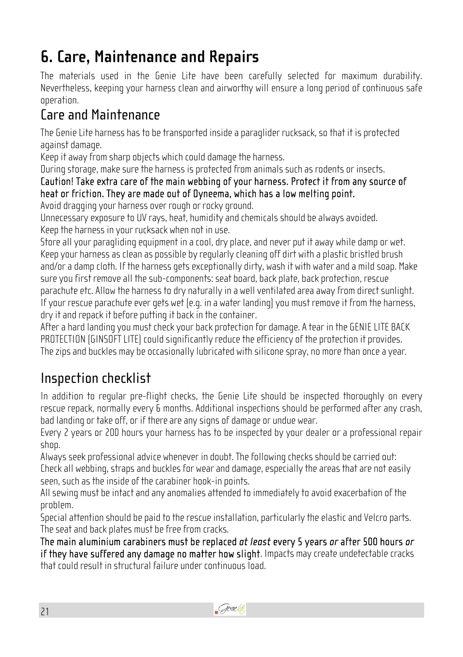 Care, maintenance and repairs, Care and maintenance, Inspection checklist | GIN Genie Lite User Manual | Page 21 / 23