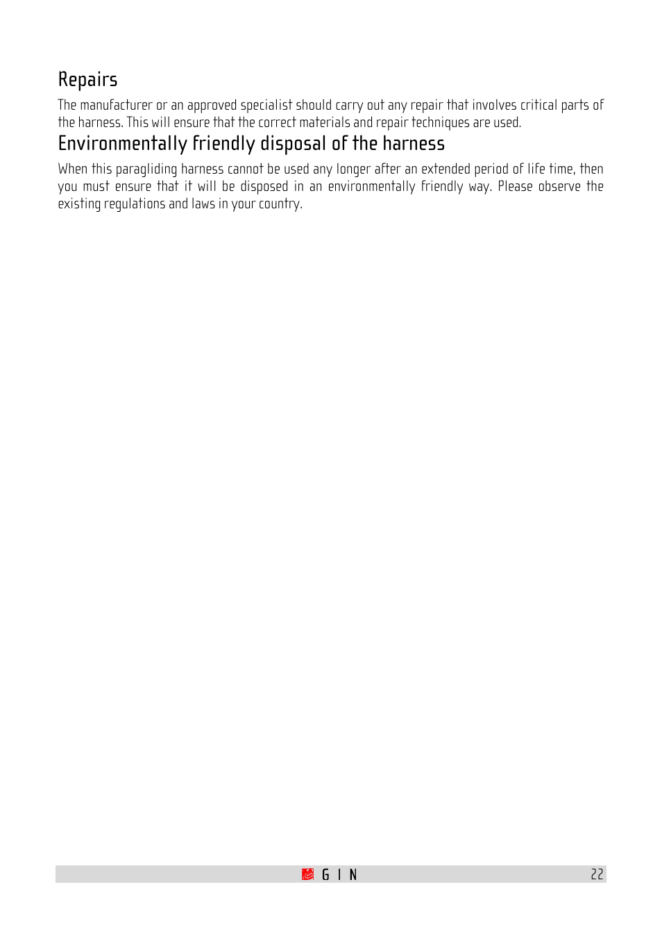 Repairs, Environmentally friendly disposal of the harness | GIN Genie Lite User Manual | Page 22 / 23