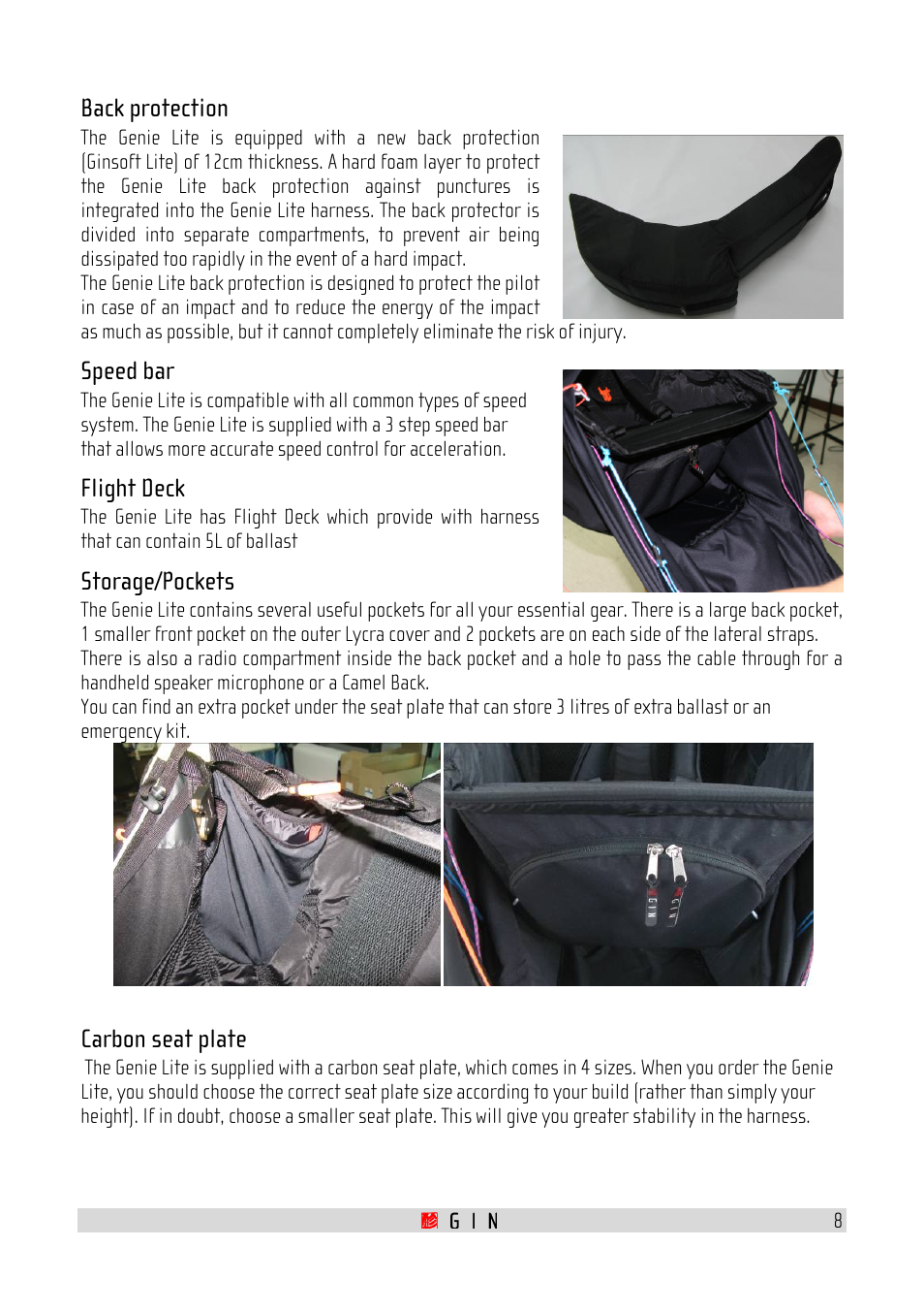 Back protection, Speed bar, Flight deck | Storage/pockets, Carbon seat plate | GIN Genie Lite User Manual | Page 8 / 23