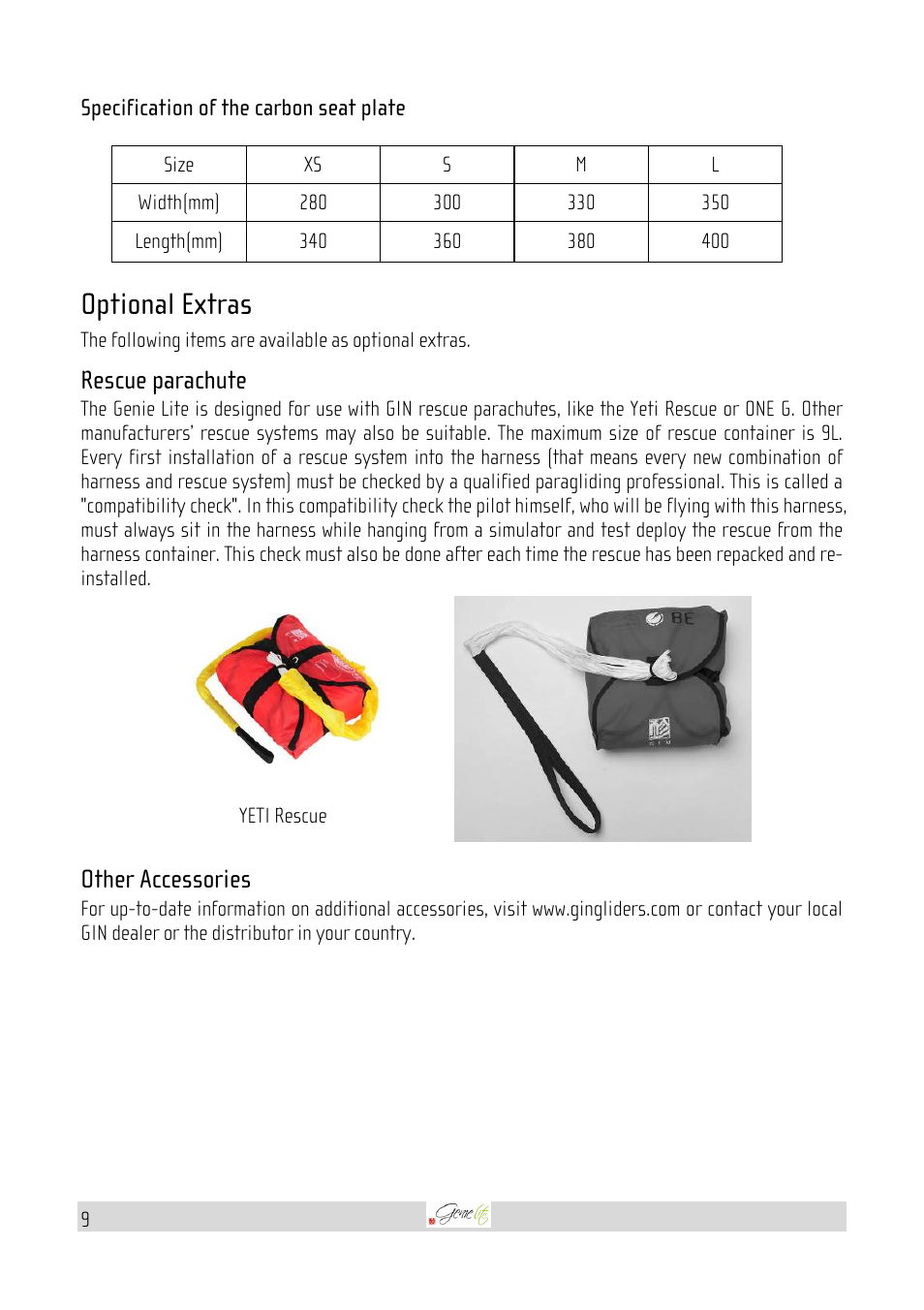 Optional extras, Rescue parachute, Other accessories | GIN Genie Lite User Manual | Page 9 / 23