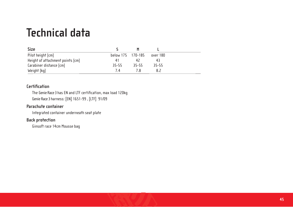 Genie race 3_manual_en_42, Technical data | GIN Genie Race 3 User Manual | Page 45 / 47