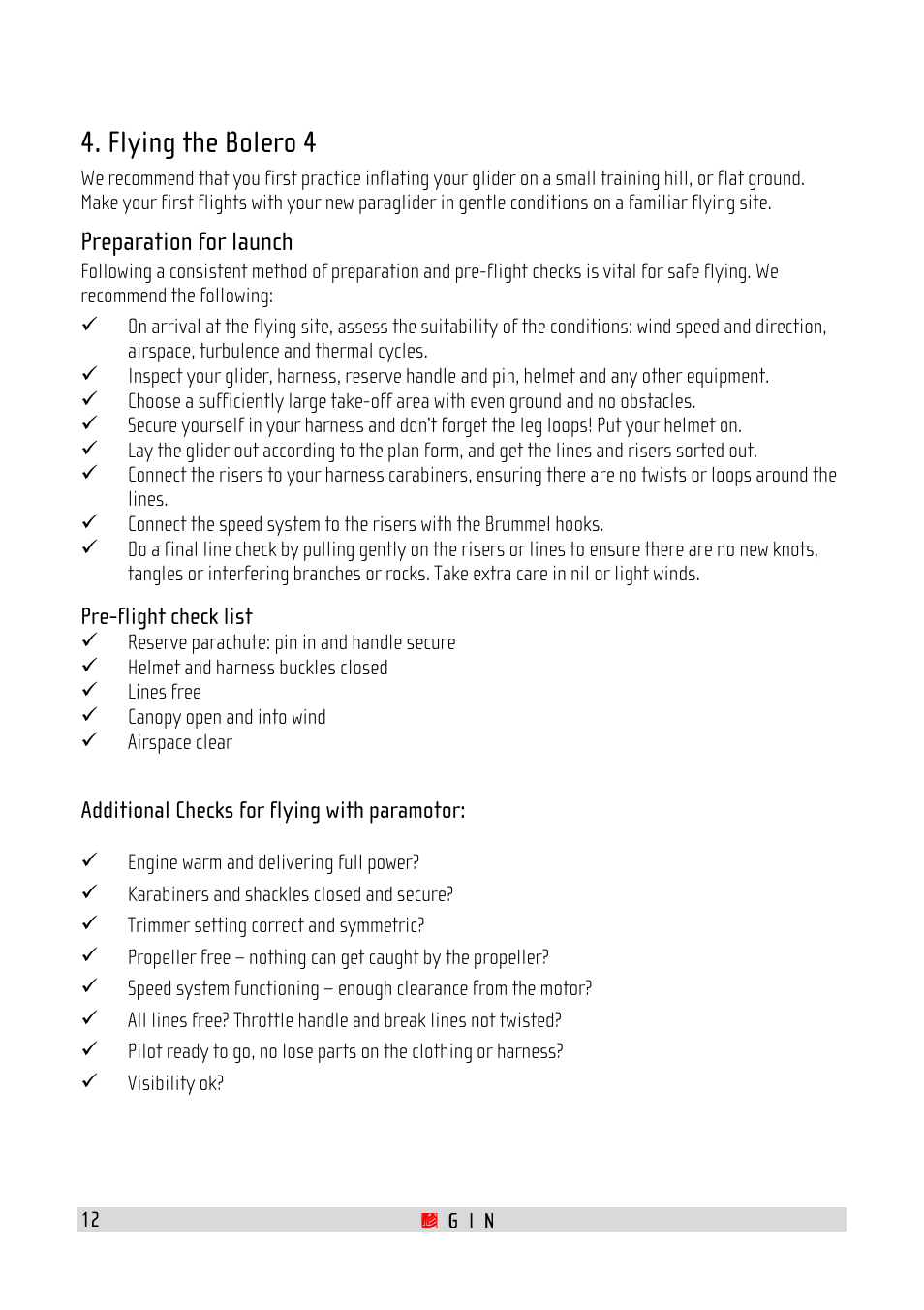Flying the bolero 4, Preparation for launch | GIN Bolero 4 User Manual | Page 12 / 31