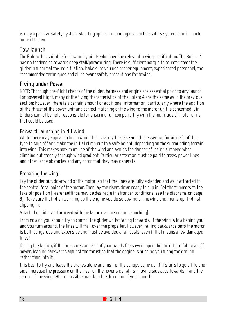 Tow launch, Flying under power | GIN Bolero 4 User Manual | Page 18 / 31