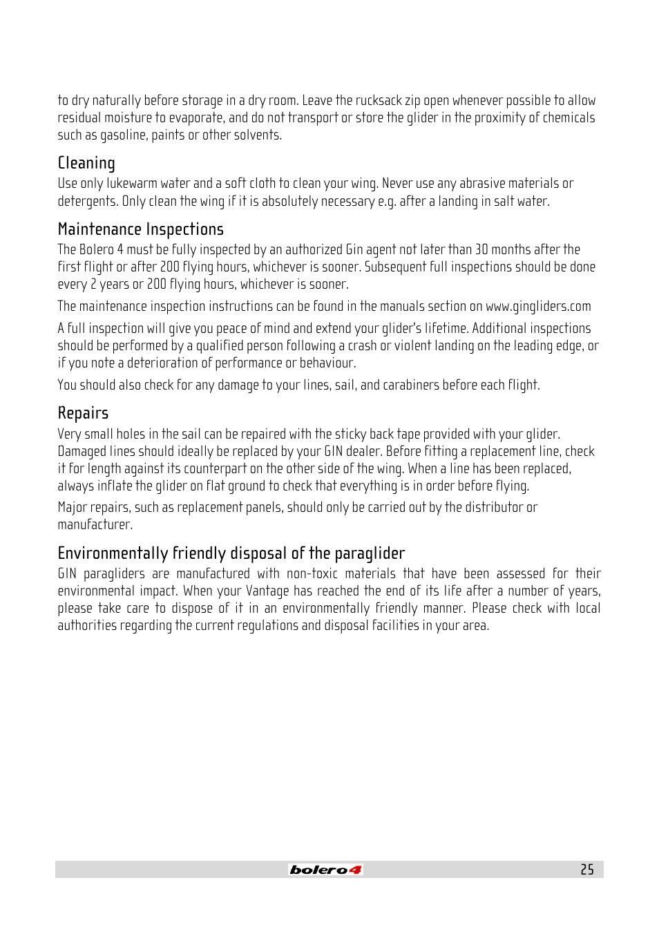 Cleaning, Maintenance inspections, Repairs | GIN Bolero 4 User Manual | Page 25 / 31