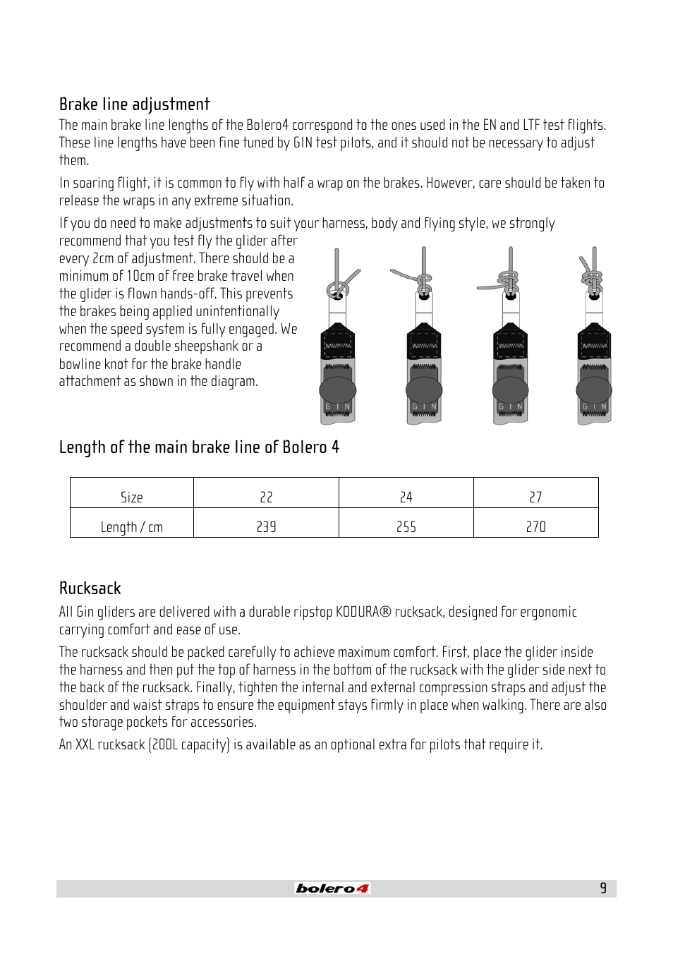 Brake line, Length of, Rucksack | E adjustment, F the main brake li, Ne of bolero 4 | GIN Bolero 4 User Manual | Page 9 / 31