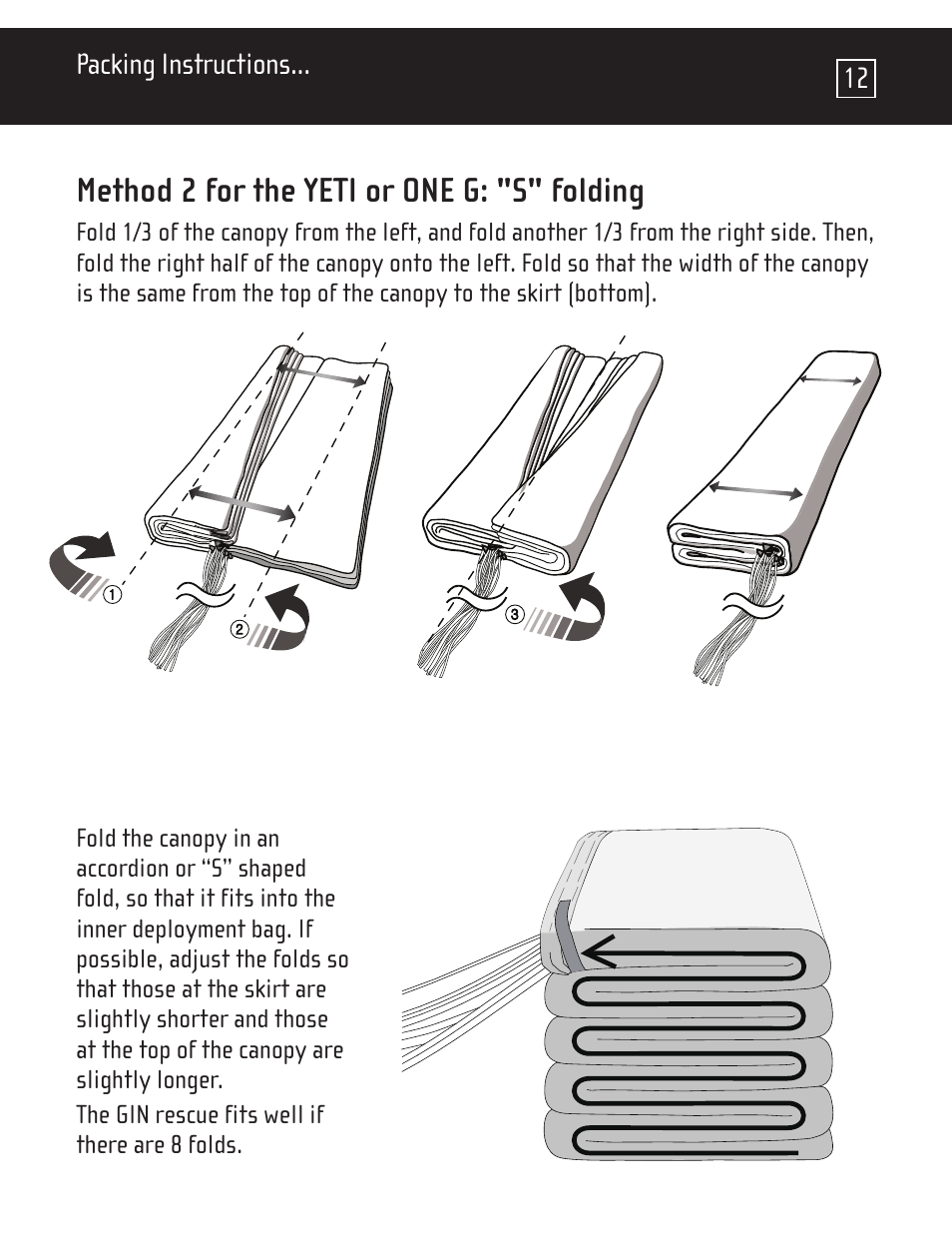 Method 2 for the yeti or one g: "s" folding, Packing instructions | GIN One G User Manual | Page 13 / 20