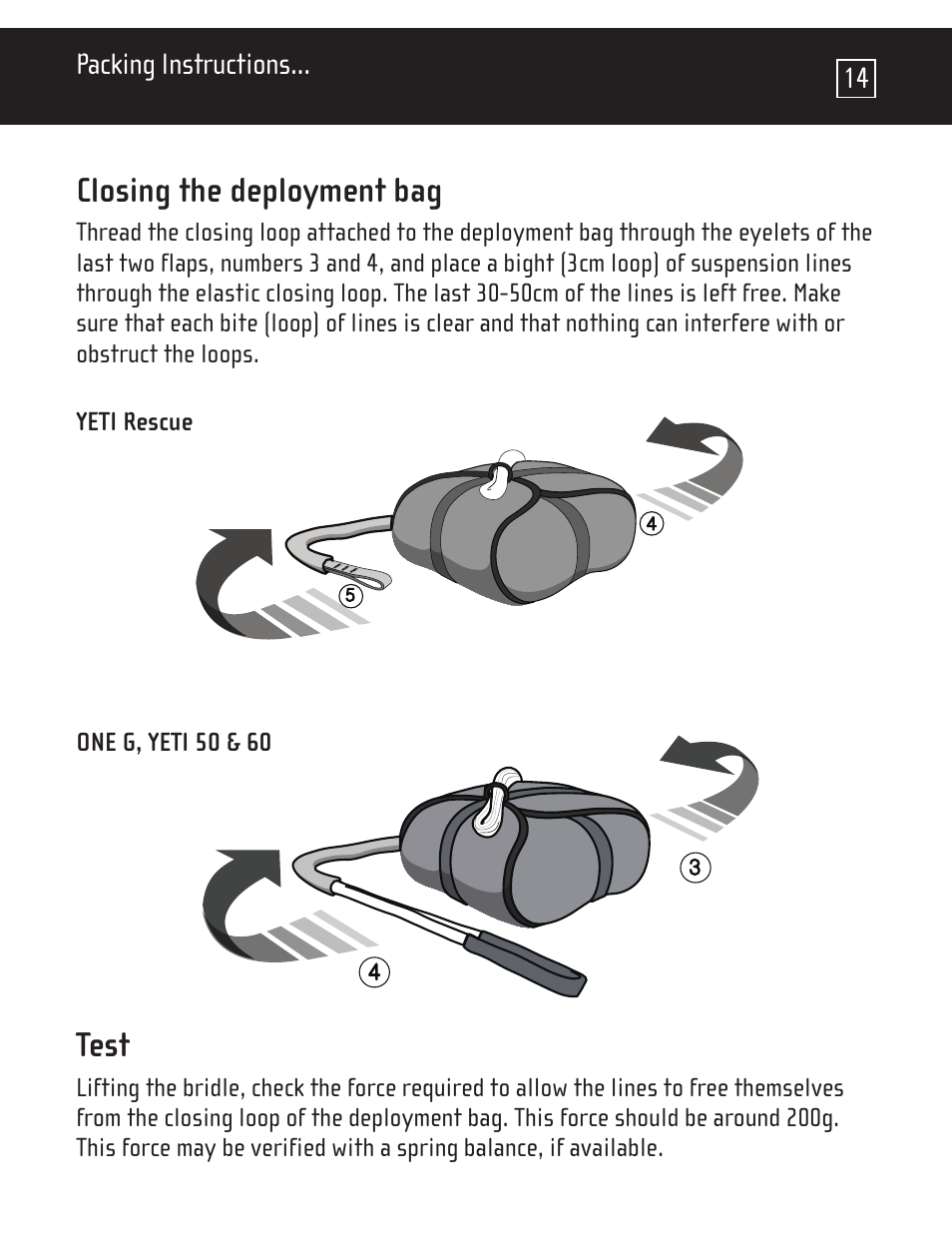 Closing the deployment bag, Test, Packing instructions | Page 13 yeti rescue page 12 | GIN One G User Manual | Page 15 / 20