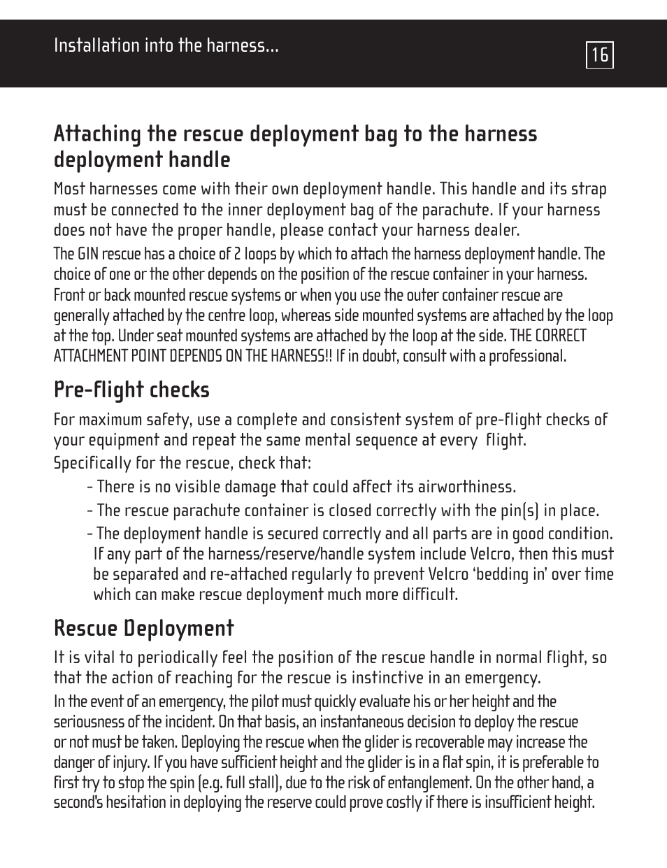 Pre-flight checks, Rescue deployment | GIN One G User Manual | Page 17 / 20