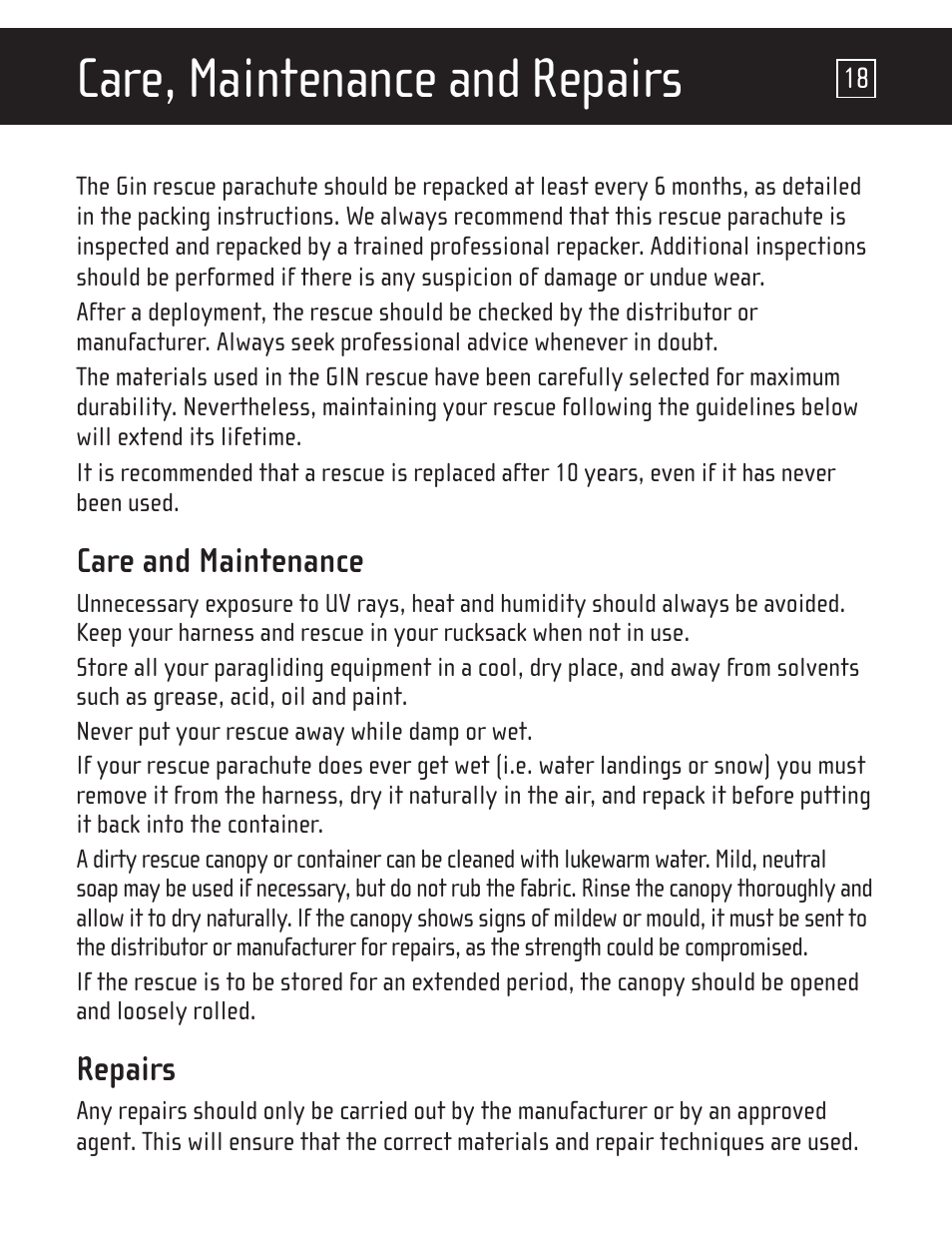 Care, maintenance and repairs | GIN One G User Manual | Page 19 / 20