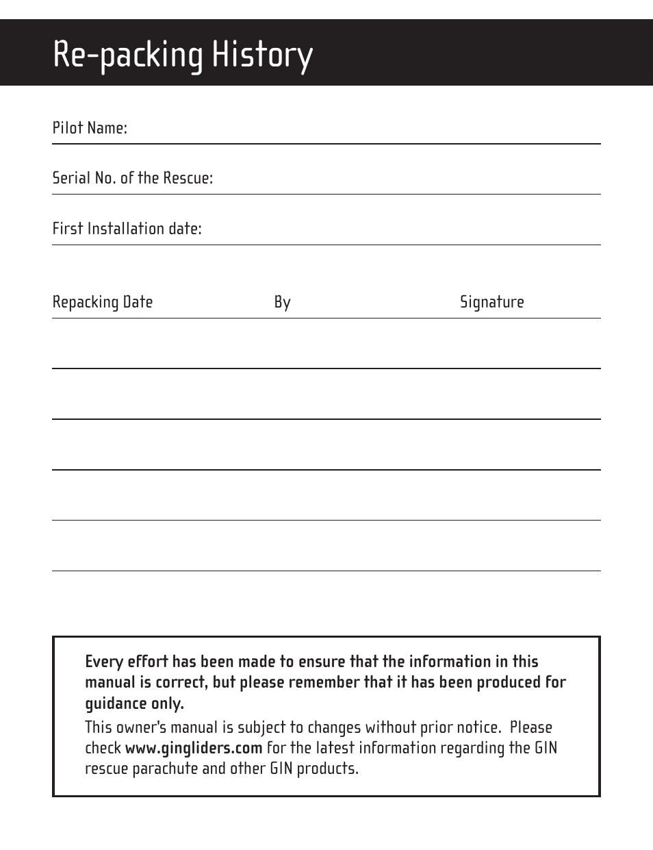 Re-packing history | GIN One G User Manual | Page 20 / 20