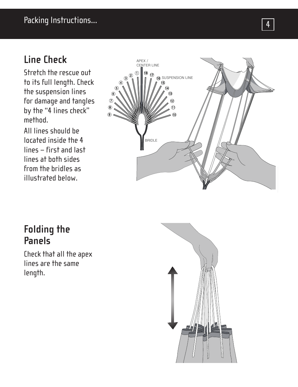 Line check, Folding the panels, Packing instructions | Check that all the apex lines are the same length | GIN One G User Manual | Page 5 / 20