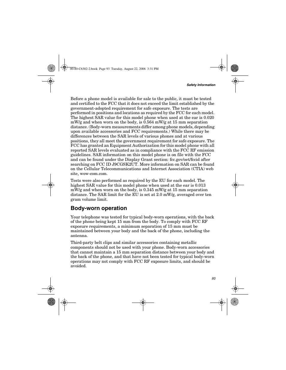 Body-worn operation | Globalstar GSP-1700 User Manual V1 User Manual | Page 101 / 118