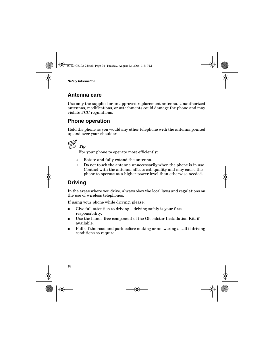 Antenna care, Phone operation, Driving | Globalstar GSP-1700 User Manual V1 User Manual | Page 102 / 118