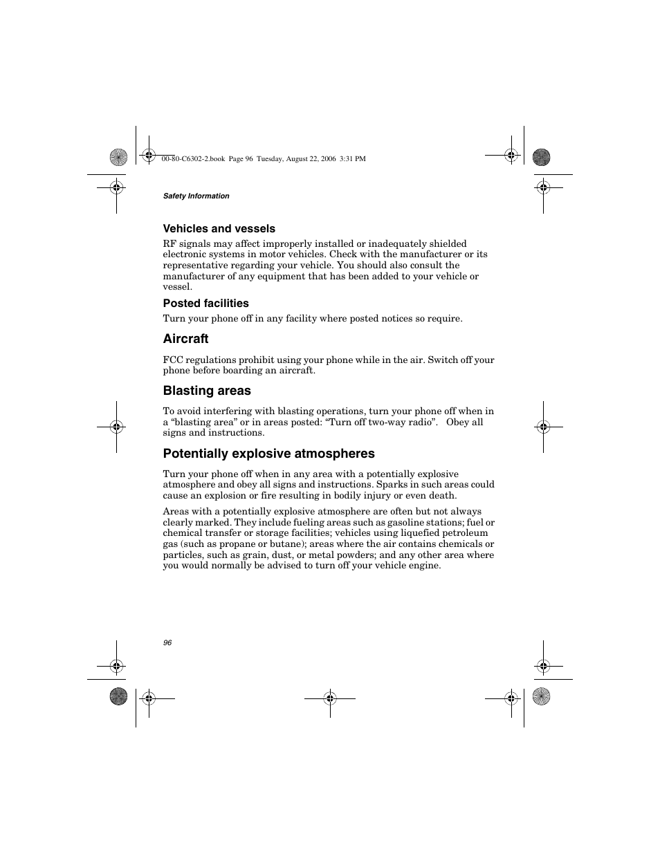 Aircraft, Blasting areas, Potentially explosive atmospheres | Globalstar GSP-1700 User Manual V1 User Manual | Page 104 / 118