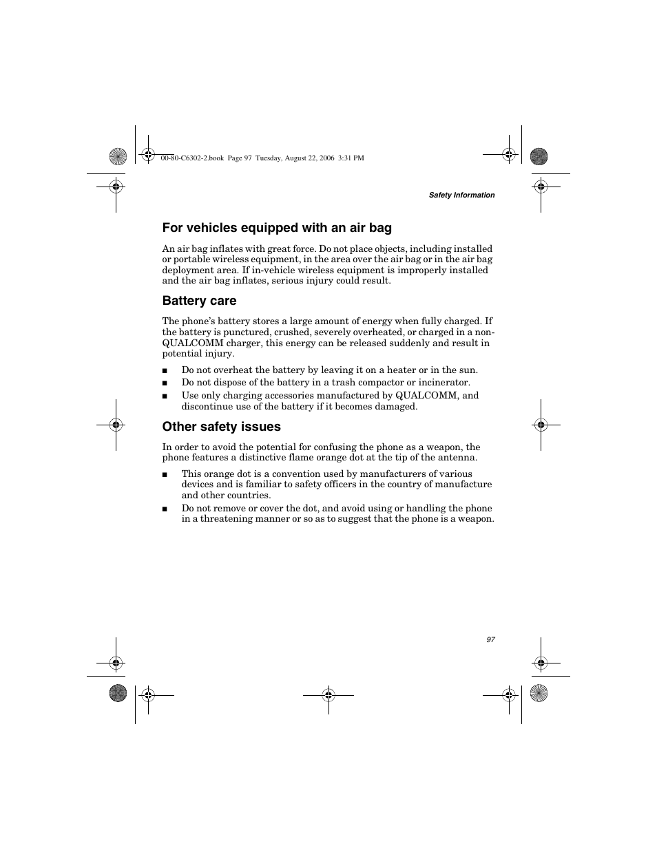 For vehicles equipped with an air bag, Battery care, Other safety issues | Globalstar GSP-1700 User Manual V1 User Manual | Page 105 / 118