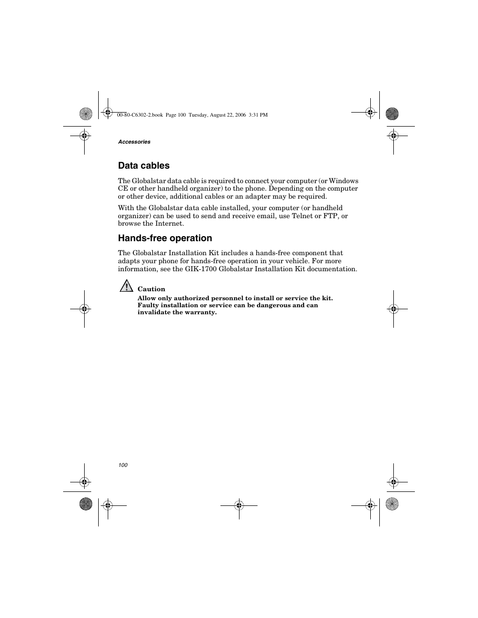 Data cables, Hands-free operation | Globalstar GSP-1700 User Manual V1 User Manual | Page 108 / 118