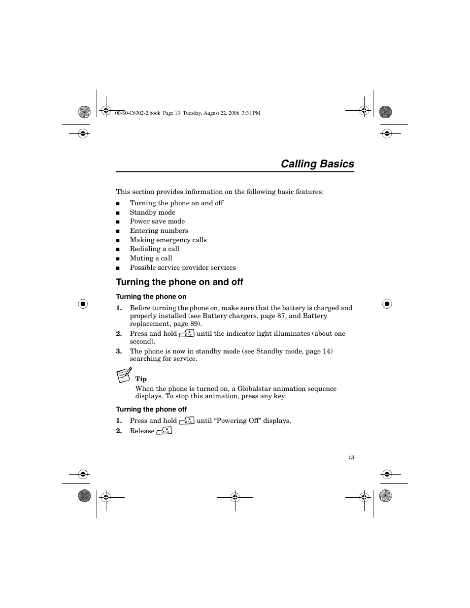 Calling basics, Turning the phone on and off | Globalstar GSP-1700 User Manual V1 User Manual | Page 21 / 118