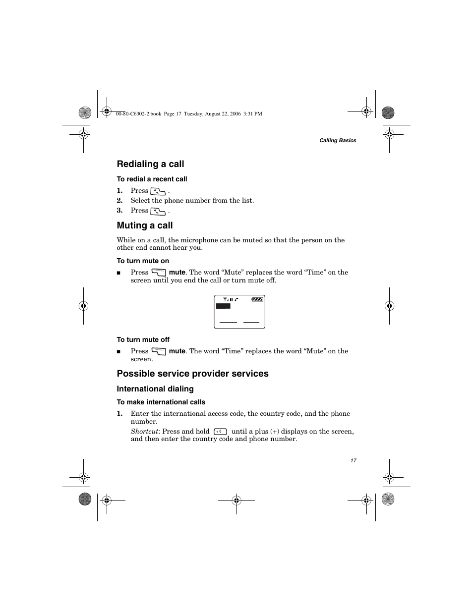 Redialing a call, Muting a call, Possible service provider services | Globalstar GSP-1700 User Manual V1 User Manual | Page 25 / 118