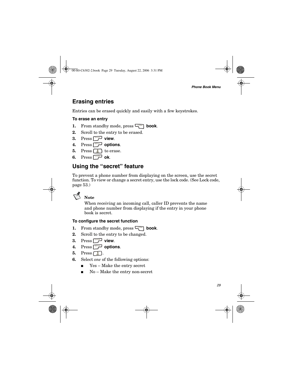 Erasing entries, Using the “secret” feature | Globalstar GSP-1700 User Manual V1 User Manual | Page 37 / 118