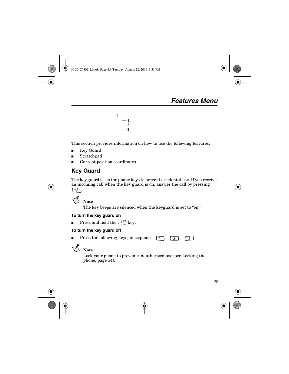 Features menu, Key guard | Globalstar GSP-1700 User Manual V1 User Manual | Page 53 / 118