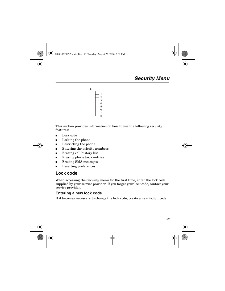 Security menu, Lock code, Entering a new lock code | Globalstar GSP-1700 User Manual V1 User Manual | Page 61 / 118
