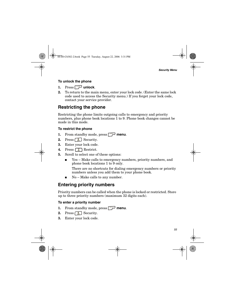 Restricting the phone, Entering priority numbers | Globalstar GSP-1700 User Manual V1 User Manual | Page 63 / 118