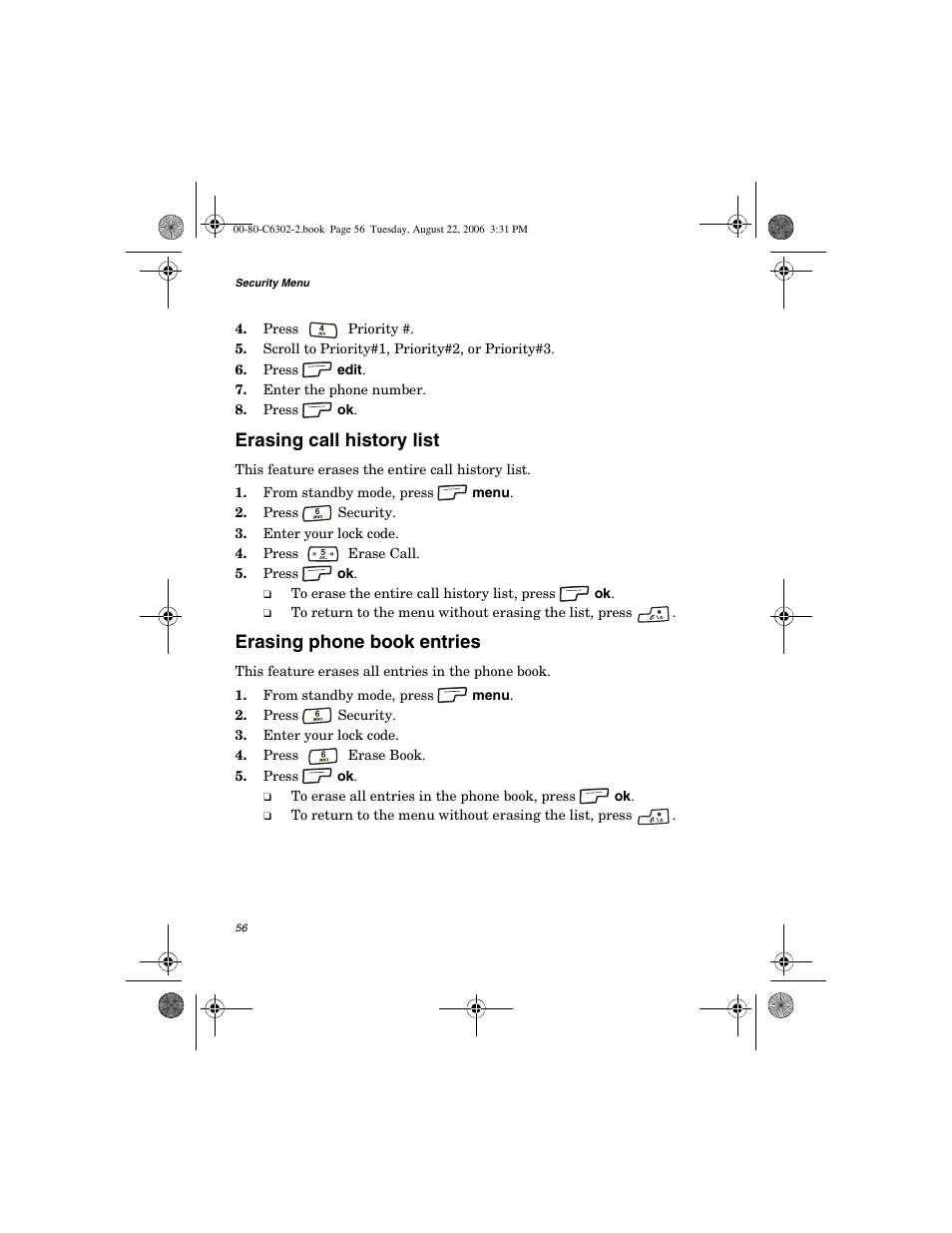 Erasing call history list, Erasing phone book entries | Globalstar GSP-1700 User Manual V1 User Manual | Page 64 / 118