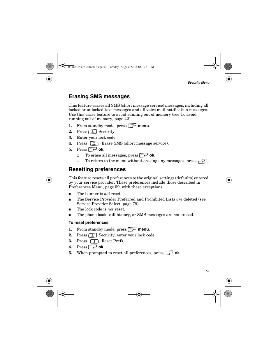 Erasing sms messages, Resetting preferences | Globalstar GSP-1700 User Manual V1 User Manual | Page 65 / 118