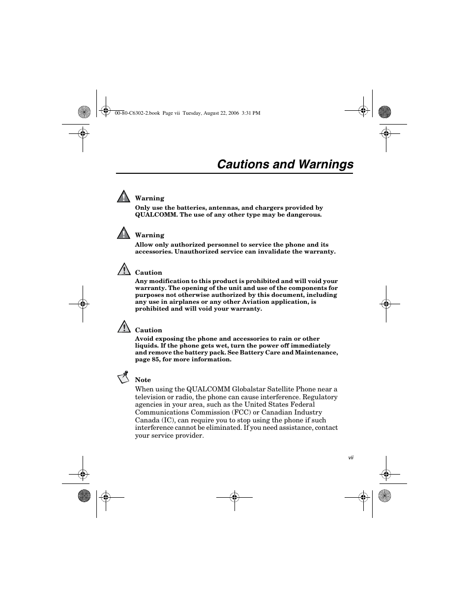 Cautions and warnings | Globalstar GSP-1700 User Manual V1 User Manual | Page 7 / 118