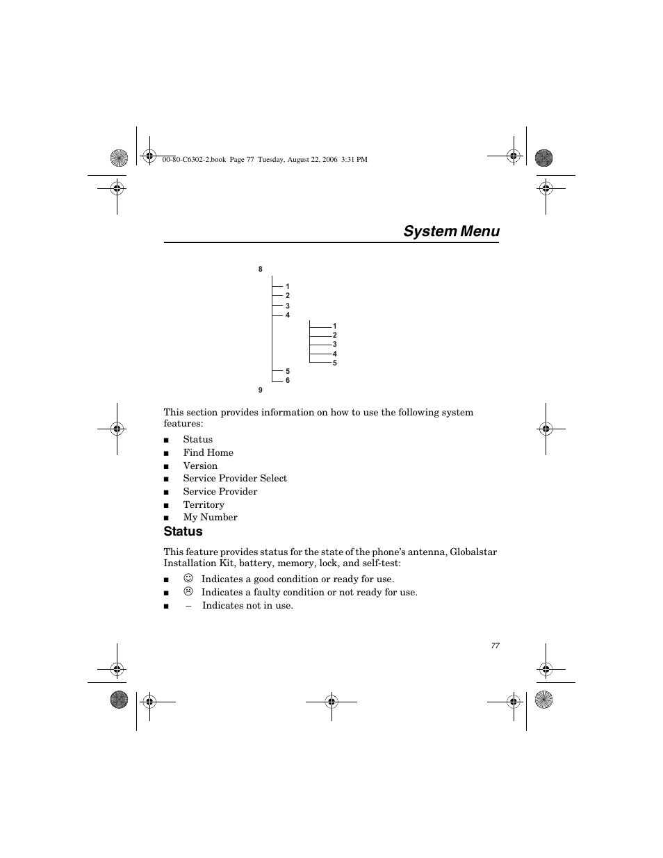 System menu, Status | Globalstar GSP-1700 User Manual V1 User Manual | Page 85 / 118