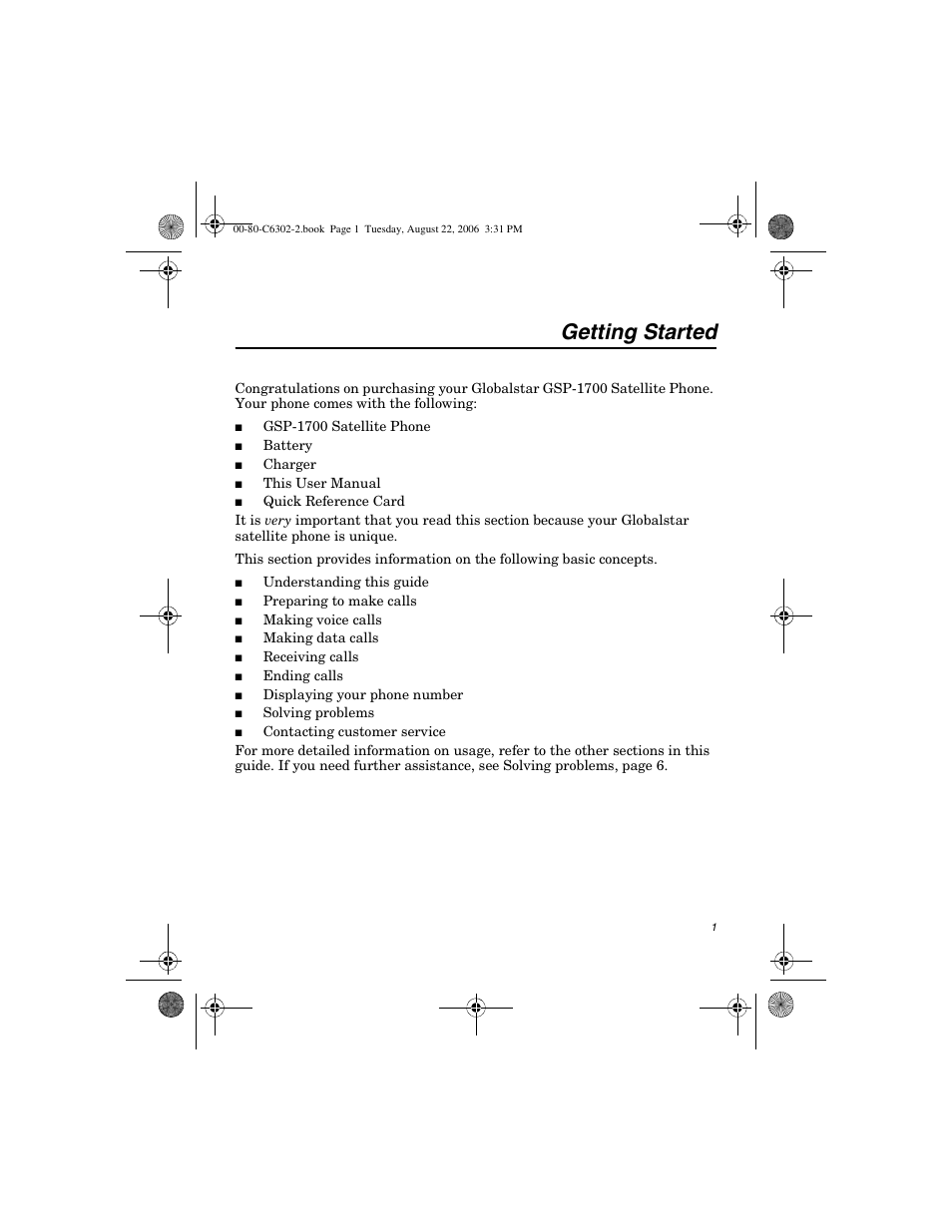 Getting started | Globalstar GSP-1700 User Manual V1 User Manual | Page 9 / 118