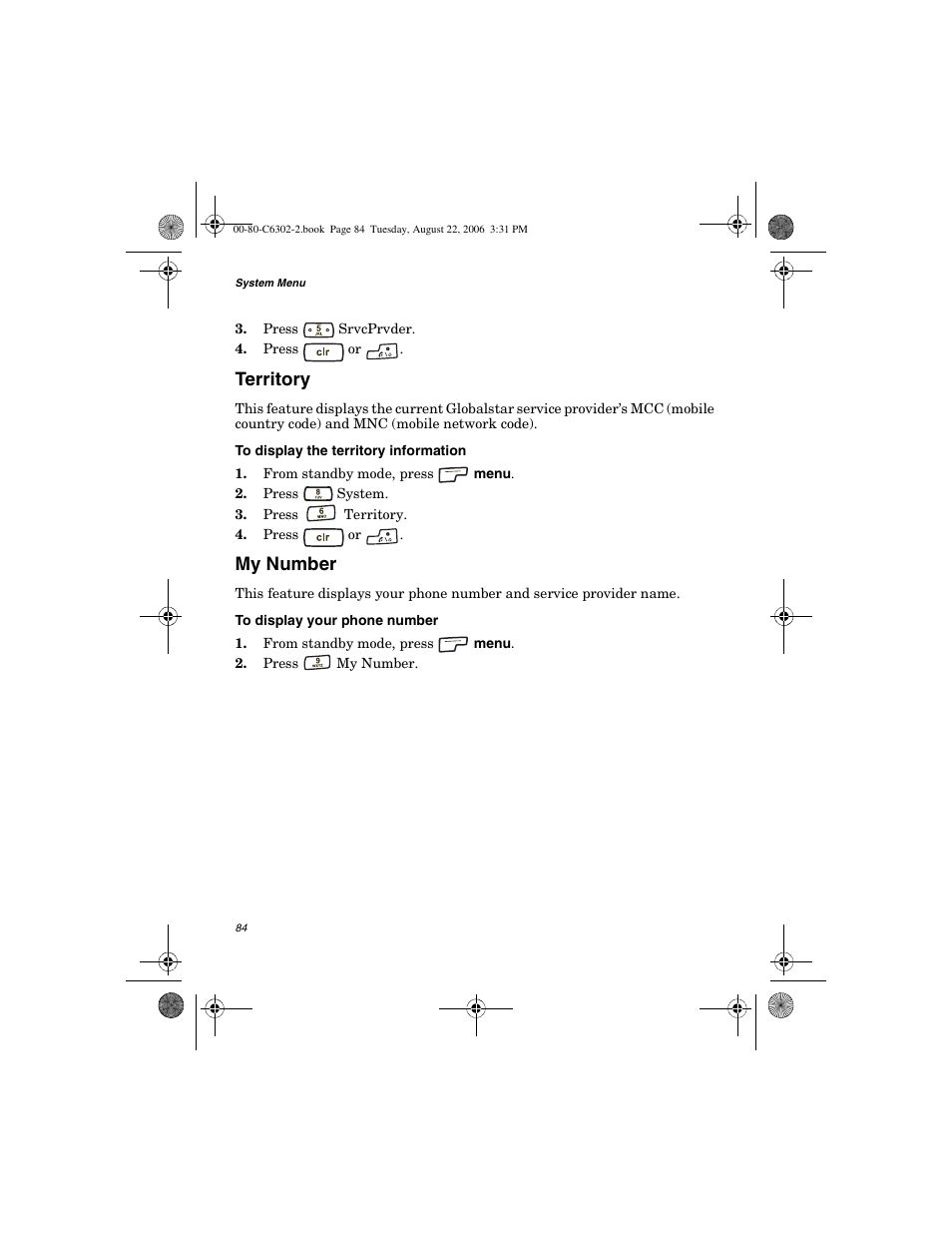 Territory, My number | Globalstar GSP-1700 User Manual V1 User Manual | Page 92 / 118