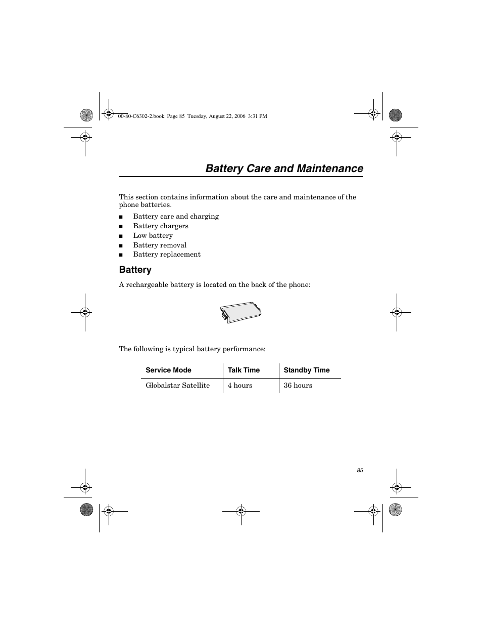 Battery care and maintenance, Battery | Globalstar GSP-1700 User Manual V1 User Manual | Page 93 / 118