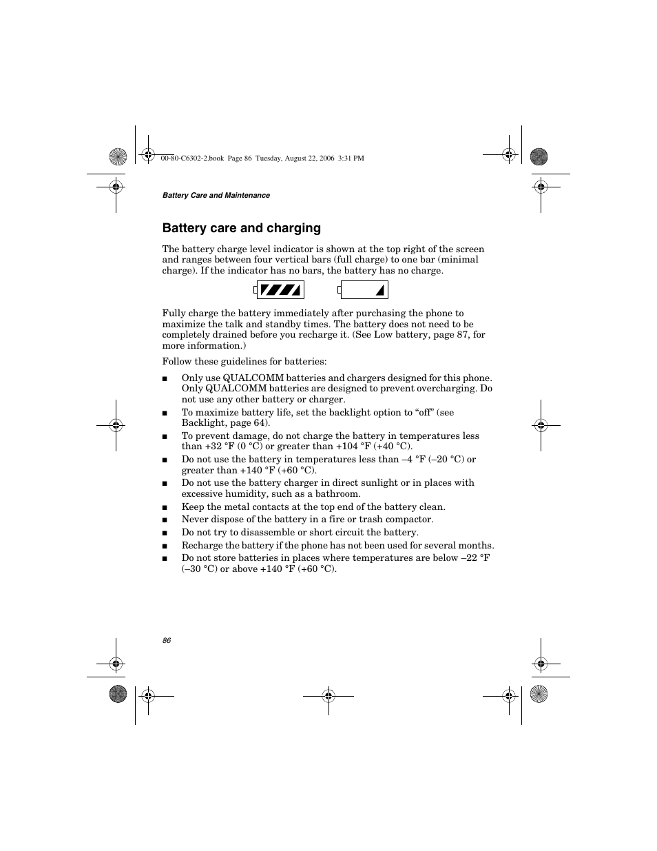 Battery care and charging | Globalstar GSP-1700 User Manual V1 User Manual | Page 94 / 118