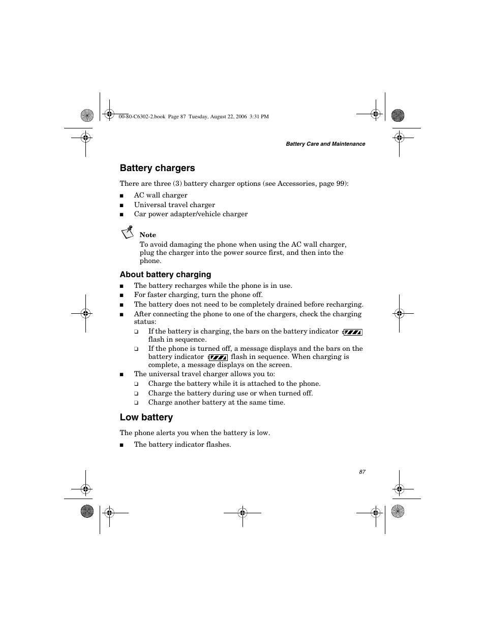 Battery chargers, Low battery, About battery charging | Globalstar GSP-1700 User Manual V1 User Manual | Page 95 / 118