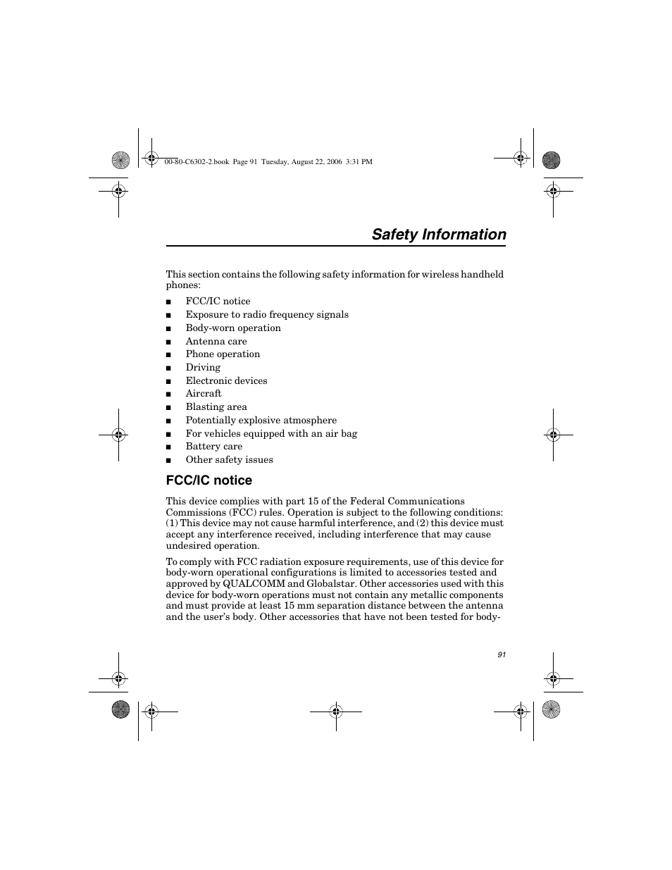 Safety information, Fcc/ic notice | Globalstar GSP-1700 User Manual V1 User Manual | Page 99 / 118