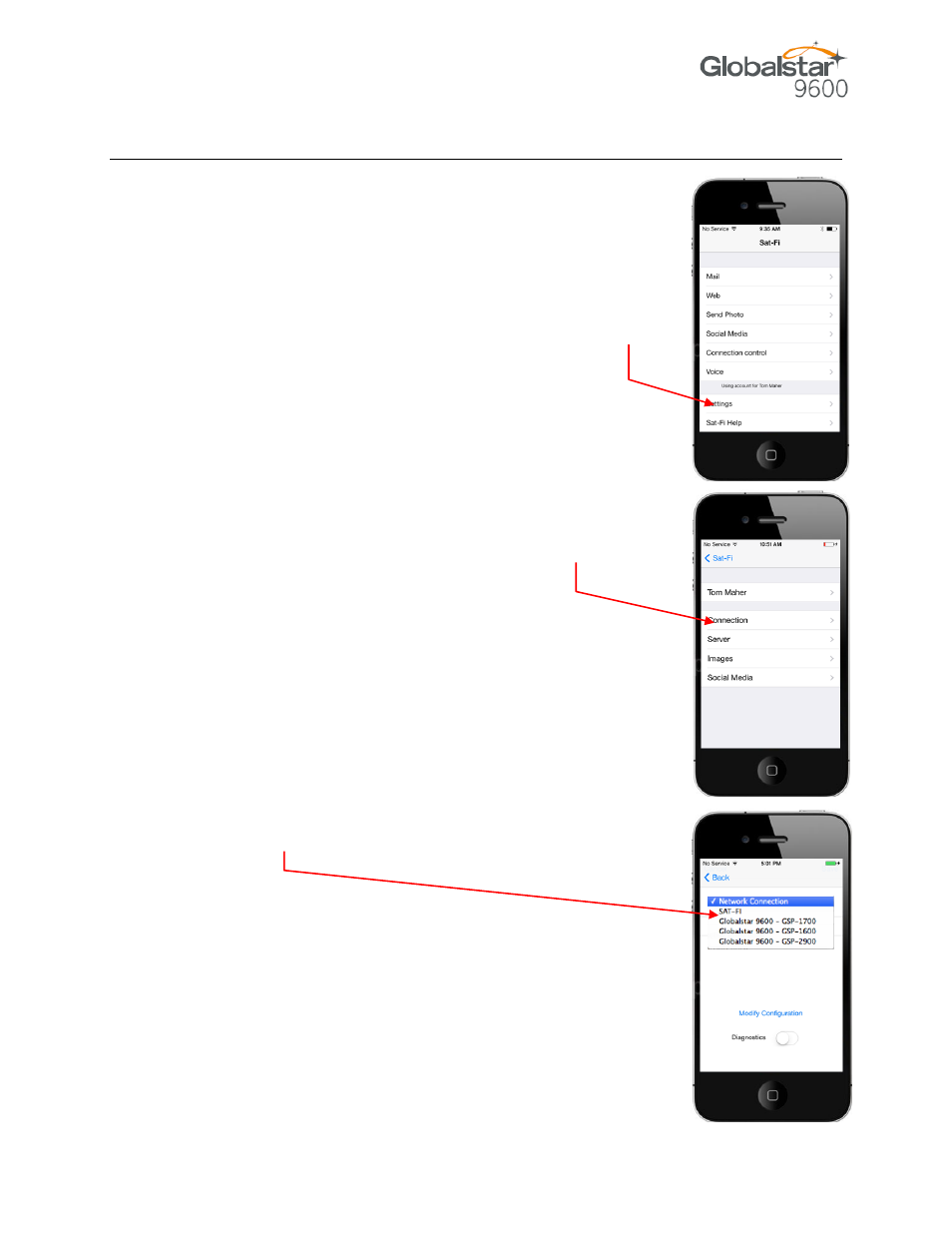 Hanging, Onnection, Ettings | Globalstar 9600 User Guide for iOS User Manual | Page 15 / 37